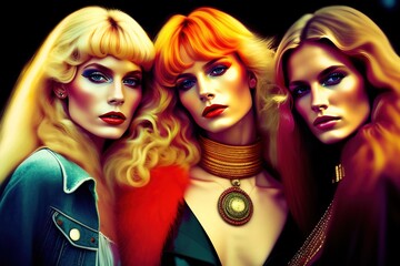 1970s Young Female Friends Social Group Portrait. Created with Generative AI