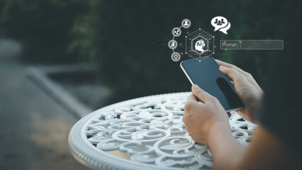 Ai technology, business woman holding smartphone with Futuristic virtual graphic, Chat with AI, Artificial Intelligence. using command prompt for generates something,  technology transformation.