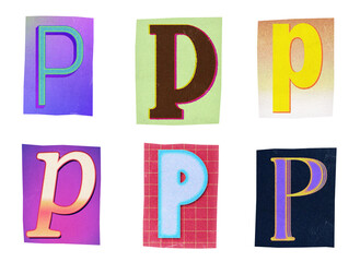 Letter P ransom note paper cut-out collage elements in various graphic styles isolated on transparent background