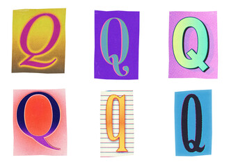 Letter Q ransom note paper cut-out collage elements in various graphic styles isolated on transparent background