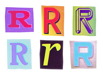 Letter R ransom note paper cut-out collage elements in various graphic styles isolated on transparent background