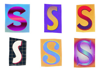 Letter S ransom note paper cut-out collage elements in various graphic styles isolated on transparent background