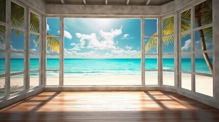 Fototapeta na wymiar Beautiful view window for luxury lifestyle design. Natural background. Stock illustration. Summer nature decoration with palm. Travel Design background.