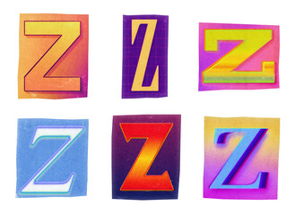 Letter Z ransom note paper cut-out collage elements in various graphic styles isolated on transparent background