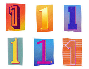 Number 1 ransom note paper cut-out collage elements in various graphic styles isolated on transparent background