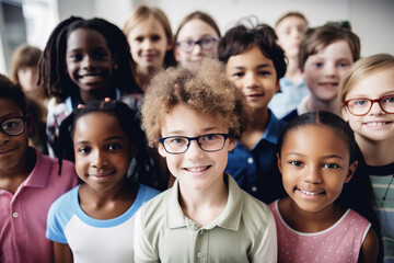 child girl school group portrait student boy education happy elementary pupil friend young kid smiling little class classroom, created using generative ai technology