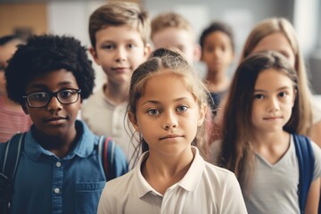 child girl school group portrait student boy education happy elementary pupil friend young kid smiling little class classroom, created using generative ai technology