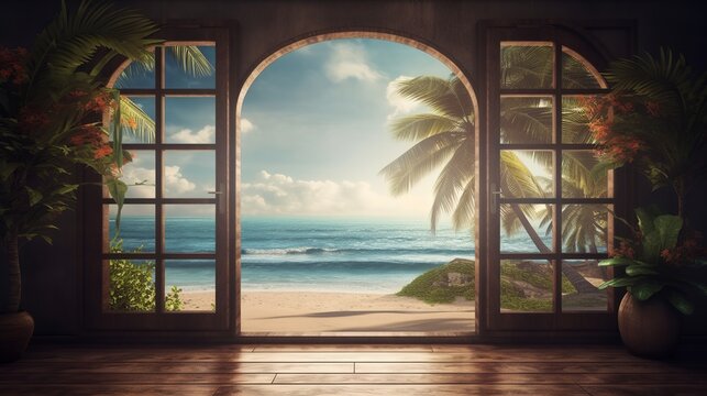 Fototapeta Beautiful view window for luxury lifestyle design. Natural background. Stock illustration. Summer nature decoration with palm. Travel Design background.