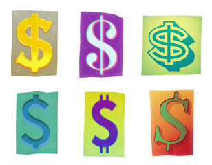Dollar sign ransom note paper cut-out collage elements in various graphic styles isolated on transparent background