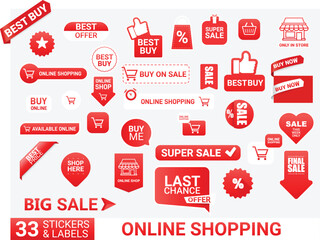 33 online shopping stickers and labels in red and white colors. Vector illustration.