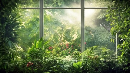 Fototapeta premium Beautiful Travel natural landscape. View window in realistic style on natural background.