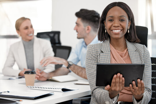 Portrait, business accountant and black woman with tablet in corporate office meeting. Face, technology and happy African female entrepreneur, professional auditor and success mindset for leadership.