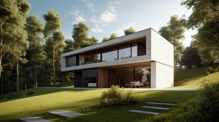 Fototapeta na wymiar Minimalist residential house with clean lines and large windows
