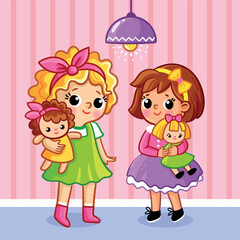 Little cute girls stand in the children's room and hold a doll in their hands. Vector illustration in cartoon style.