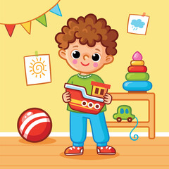 Cute boy plays in the children's room and holds a boat in his hands. Vector illustration in a cartoon style.