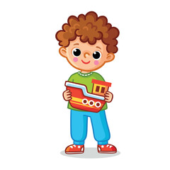 Cute boy is holding a boat in his hands. Vector illustration theme in a cartoon style.