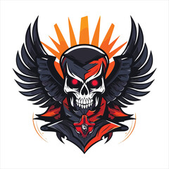 Skull emblem vector logo. Agressive human skull with wings