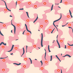 Organic hand drawn pattern. Pink seamless repeat pattern shapes lines and dots 