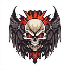 Skull emblem vector logo. Agressive human skull with wings