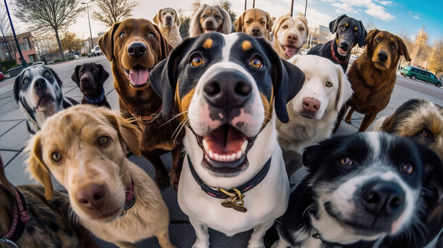 A group of upright dogs looking sharp and taking a selfie with great concentration