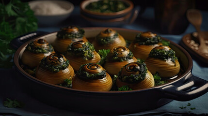 "Escargots de Bourgogne" - baked snails with garlic, butter and basil. French traditional food. Top view. Generative AI