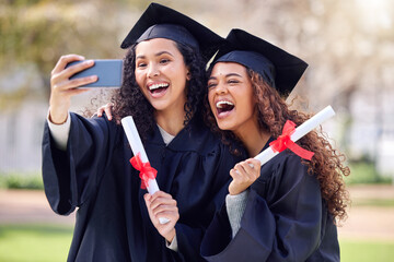 Graduation, photo and students celebrating academic achievement or graduates together with joy on happy day and outdoors. Friends, certificate and success for degree or excitement and campus picture