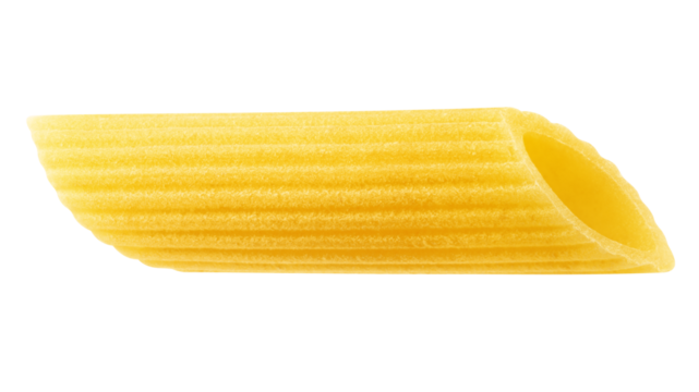 raw Penne Rigate, uncooked Italian Pasta, isolated on white background, full depth of field