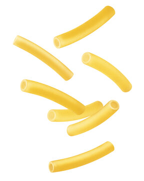 Falling raw Maccheroni, uncooked Italian Pasta, isolated on white background, full depth of field