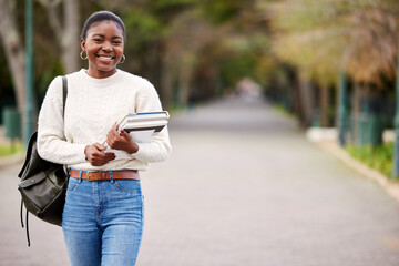 Black woman, books and portrait of student at college, university or person ready for learning, goals or education. Girl, face and happy learner studying on campus or walking outdoor with backpack - obrazy, fototapety, plakaty