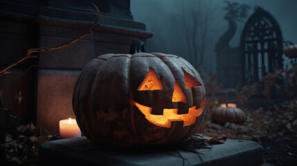 Jack 'O Lantern In Cemetery In Spooky Night With Full Moon - Halloween. Generative AI