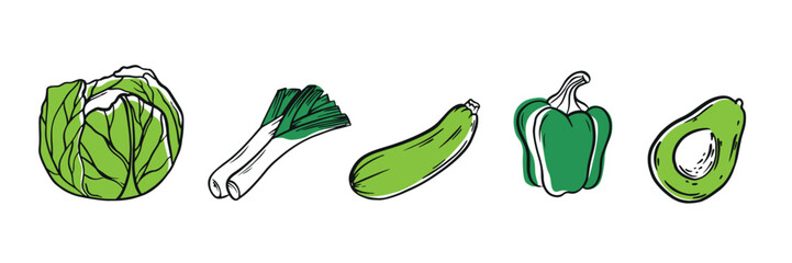 Collection of green vegetables on white background