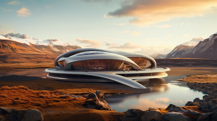 Obraz premium Generative ai illustration of sci-fi futuristic exterior designed with large windows