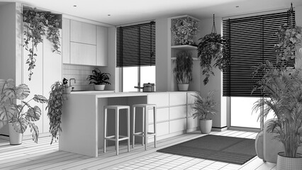 Blueprint unfinished project draft, indoor home garden concept idea. Minimal wooden kitchen with island interior design. Parquet, windows and many house plants. Urban jungle