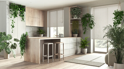 Indoor home garden concept idea. Minimal bleached wooden kitchen with island interior design in...