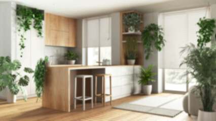 Blurred background, indoor home garden concept idea. Minimal wooden kitchen with island interior design. Parquet, windows and many house plants. Urban jungle