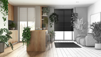 Fototapeta na wymiar Architect interior designer concept: hand-drawn draft unfinished project that becomes real, love for plants concept. Kitchen with island and living room. Urban jungle idea