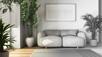 Architect interior designer concept: hand-drawn draft unfinished project that becomes real, minimal wooden living room with sofa and frame mockup. Biophilic concept, houseplants