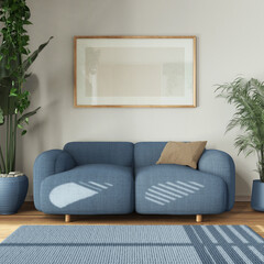 Urban jungle interior design, wooden living room in white and blue tones with fabric sofa and houseplants. Carpet and frame mockup. Biophilic concept idea