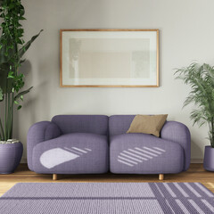 Urban jungle interior design, wooden living room in white and purple tones with fabric sofa and houseplants. Carpet and frame mockup. Biophilic concept idea
