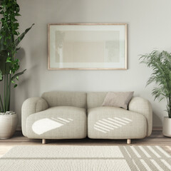 Urban jungle interior design, bleached wooden living room in white and beige tones with fabric sofa and houseplants. Carpet and frame mockup. Biophilic concept idea