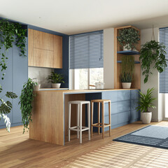 Urban jungle interior design, wooden kitchen in blue tones with many houseplants. Parquet, island with chairs and appliances. Biophilic concept idea - obrazy, fototapety, plakaty