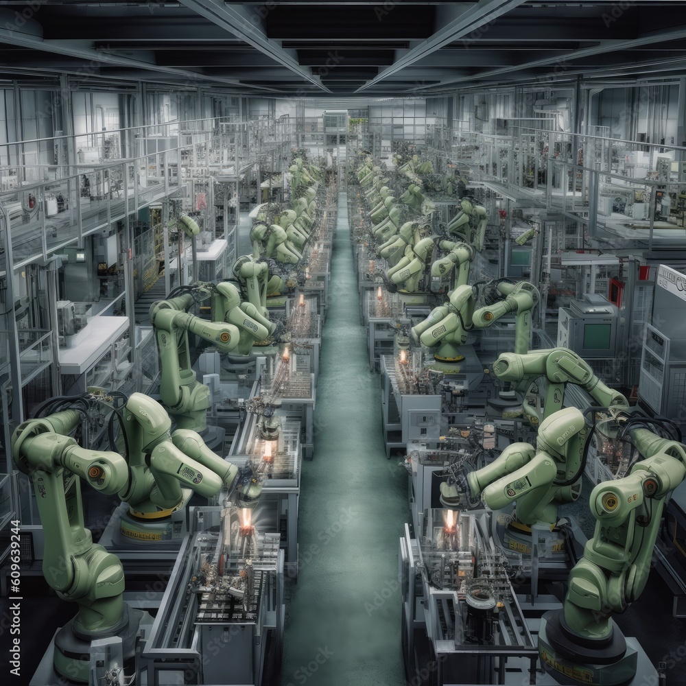 Poster group of robots working together in a factory. generative ai