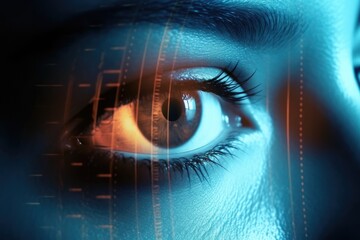 Obraz premium Person's eye fills the frame, computer-generated overlay. Generative AI