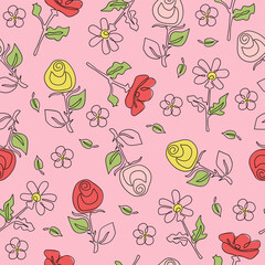 Flower pattern Rose, Poppy, Chamomile. Flower line art. outline drawing, sketch. Seamless pattern. Collection vegetable, floral, abstract. Vector illustration on isolated background.