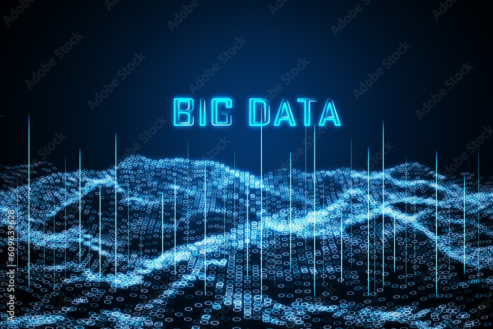 Poster Scientific technologies, digital data and information analysis concept with blue glowing big data sign above technological waves on dark background. 3D rendering
