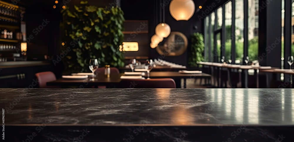 Canvas Prints Empty Table and Marble Counter in Blurred Background. Modern Restaurant Interior