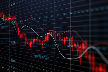 Perspective view of stock market crash and economy crisis concept with red falling down digital financial chart candlestick and diagram on dark background with stock market indicators. 3D rendering