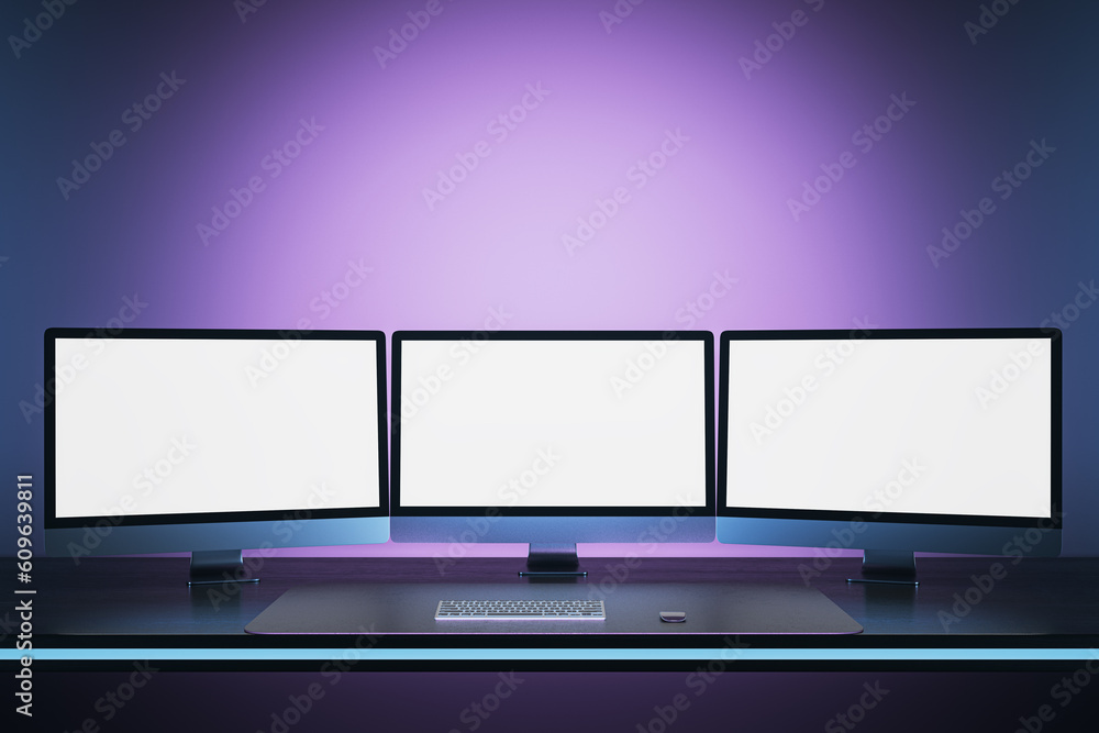 Poster Abstract purple workplace with three empty white mock up computer monitors. Office concept. 3D Rendering.