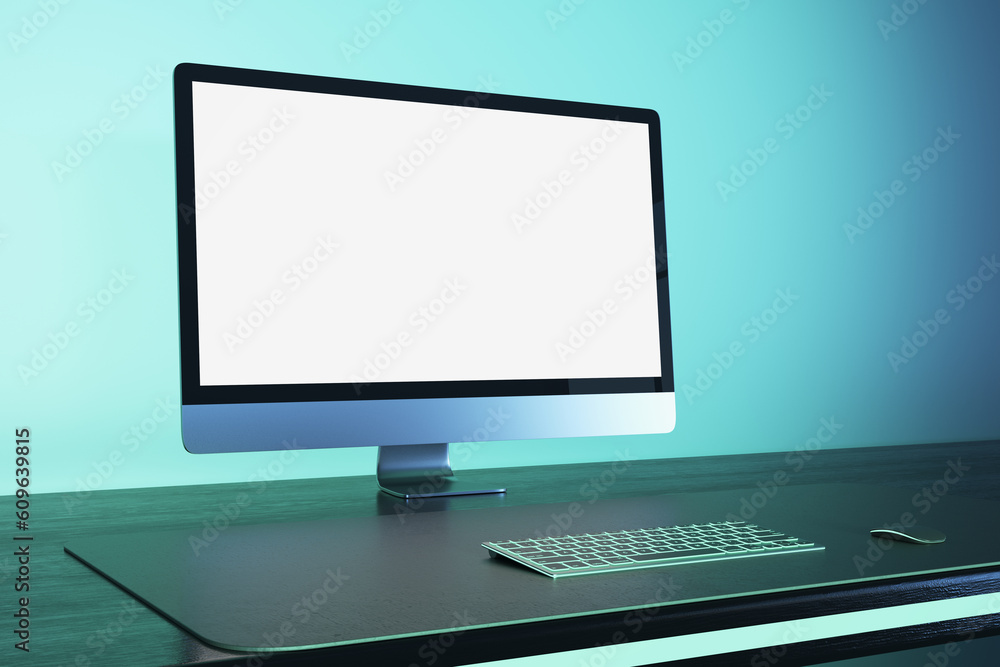 Aufkleber Contemporary blue workplace with empty white mock up computer monitor. Office concept. 3D Rendering.