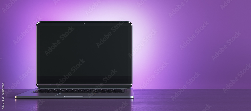 Poster Creative purple designer workplace with empty black mock up laptop display. 3D Rendering.